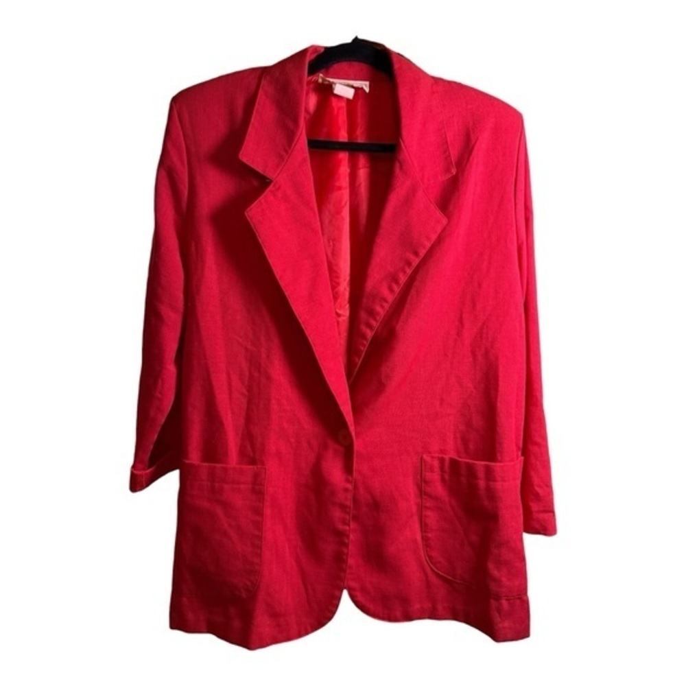 Bonjour Red Linen Blend Blazer Vintage Large 90s Preppy Coastal Career Jacket